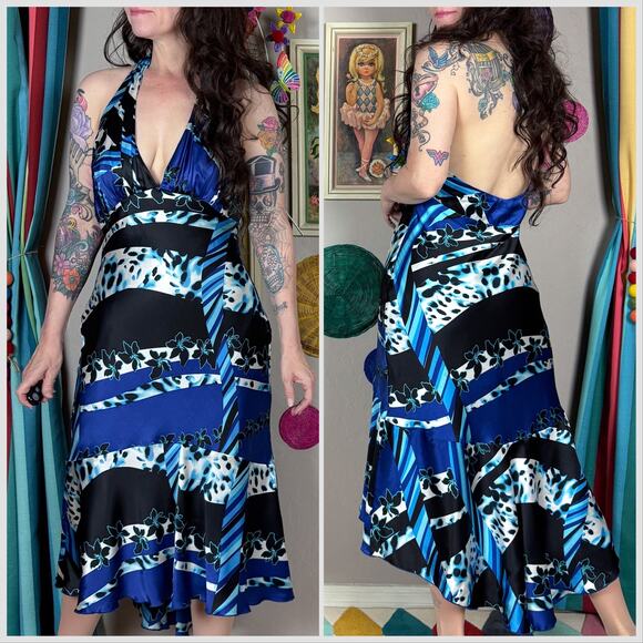 Vintage 1990s Blue and Black Abstract Animal Print Silk Backless Halter Dress - Picture 4 of 7